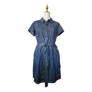 J Crew Factory Denim utility belted mini jean dress Womens Size 12 100% Cotton